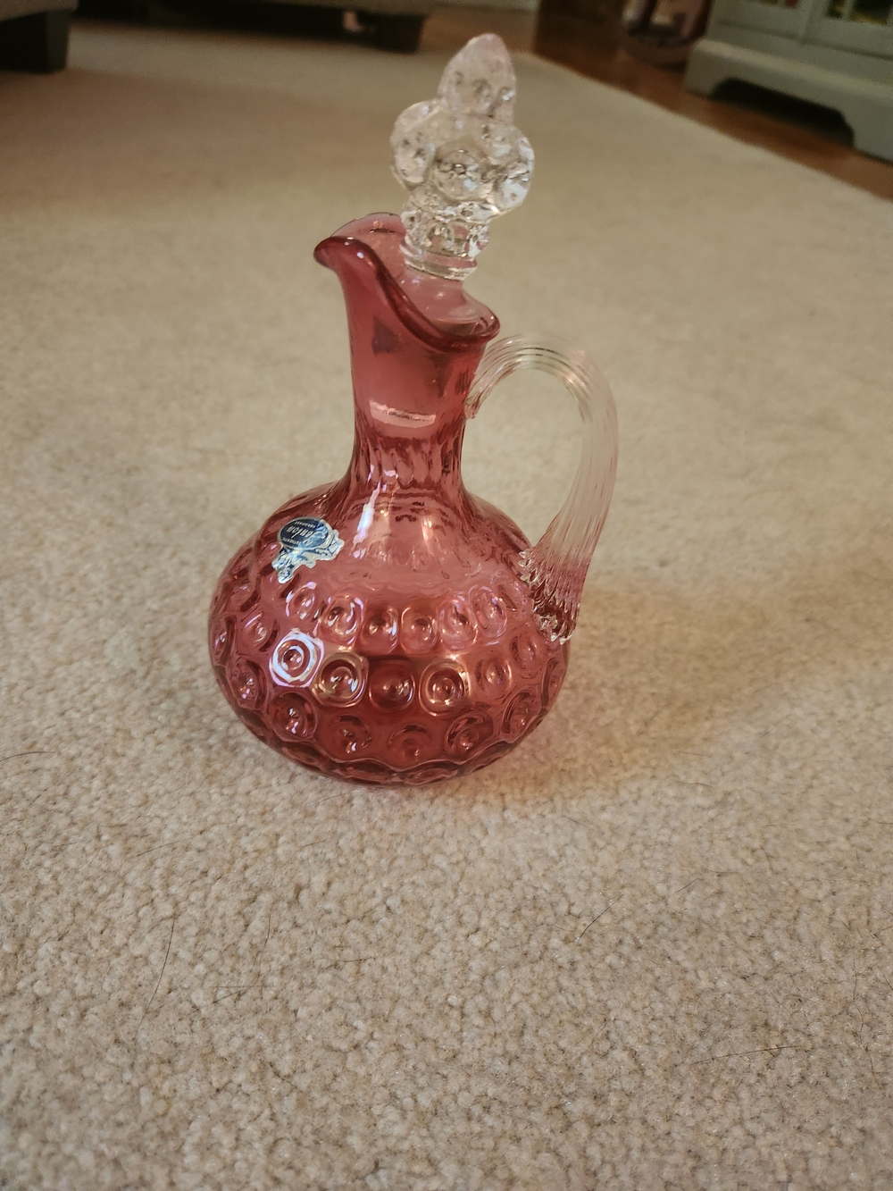 Pink Hobnail Glass Cruet with Clear Handle and Stopper By Fenton